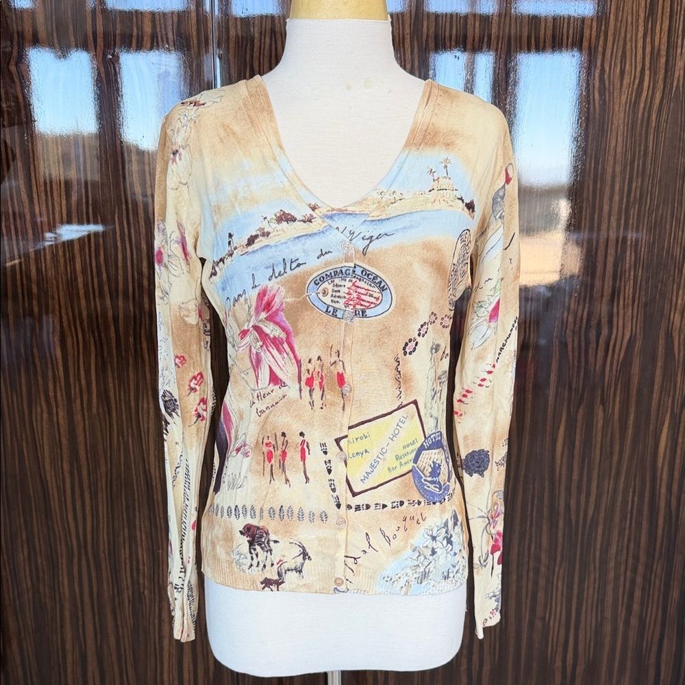 Vintage Gerard Darel Beige Graphic Long Sleeve Top cardigan set 2